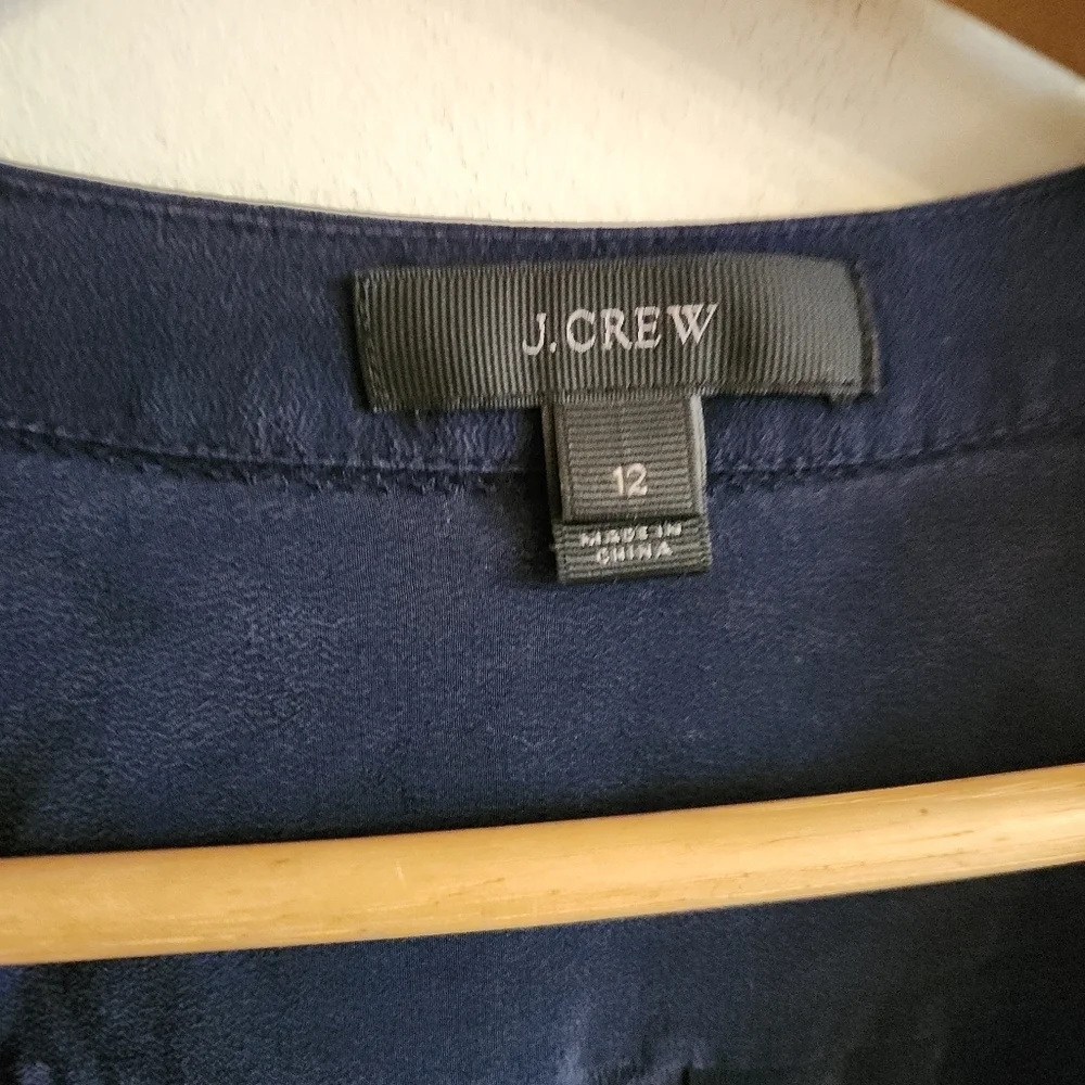 J Crew Silk Navy V-Neck Long Sleeve Popover Blouse X Large 12